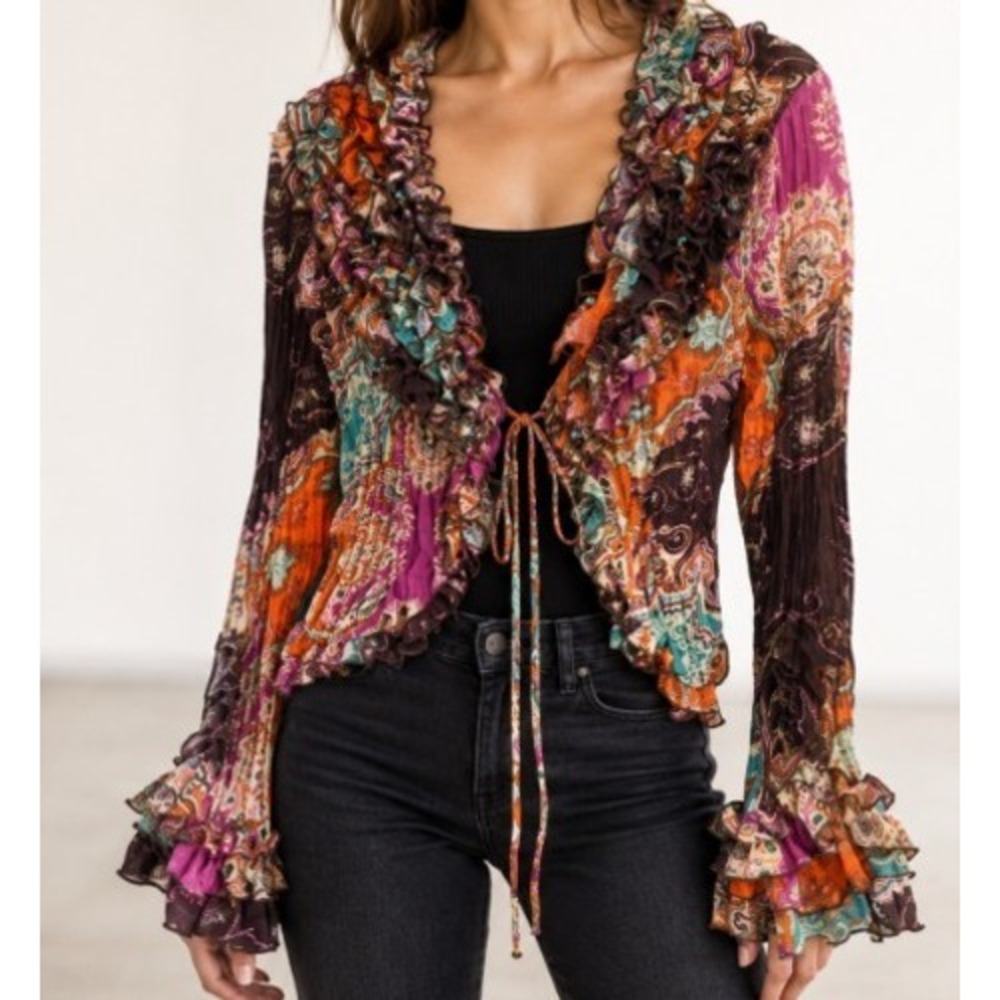 Vintage Y2K Lucy Paris Sheer Paisley Tie Front Jacket S M Ruffle Boho Whimsigoth